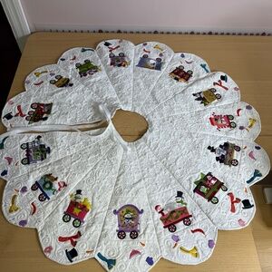 Quilted embroidered snowman train Christmas Tree Skirt